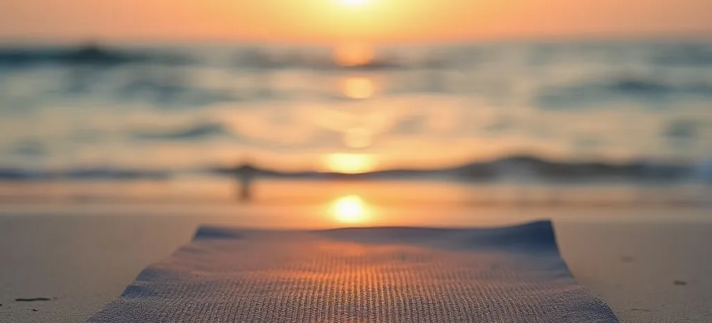 Esterilla de yoga en la playa al atardecer, Costa Brava